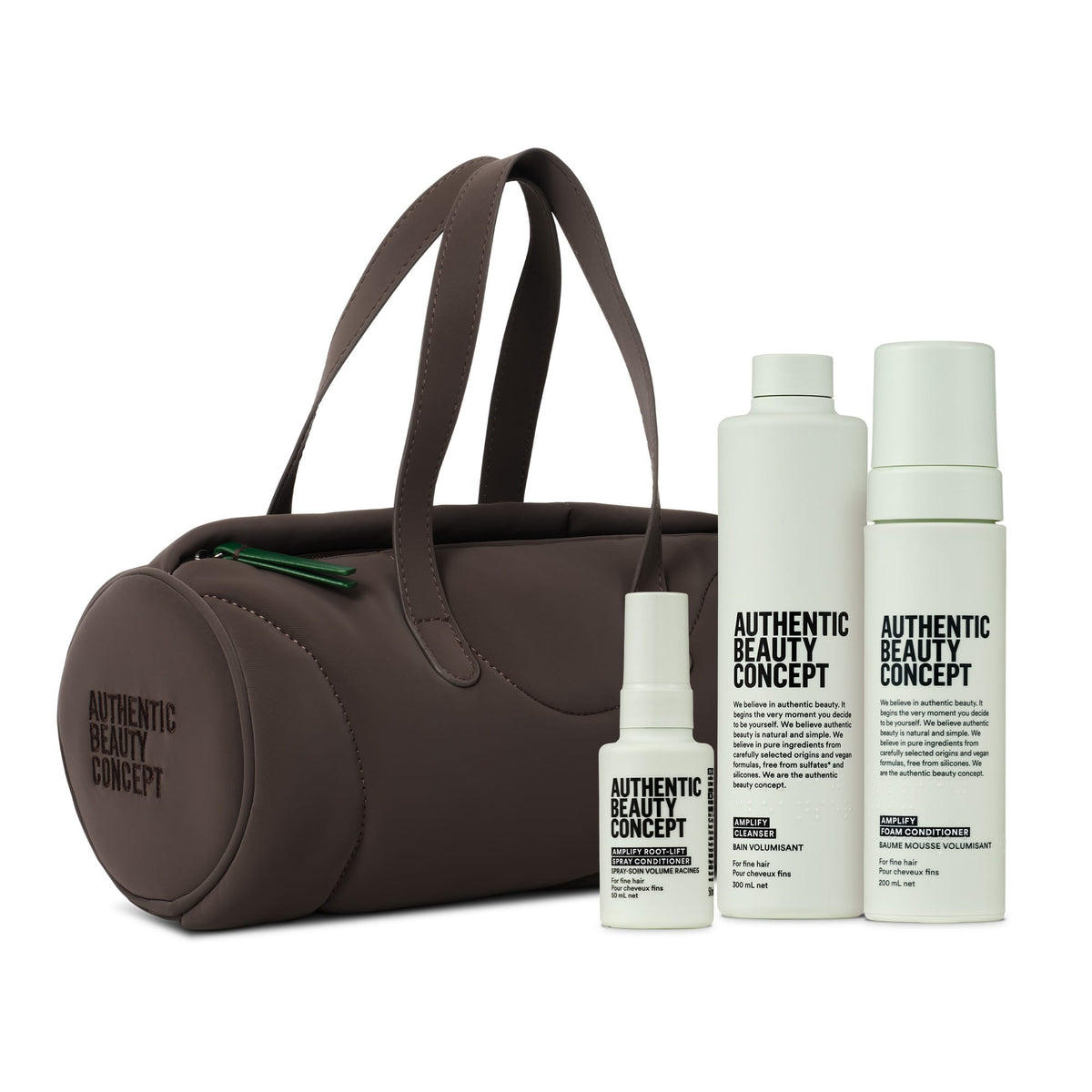 Authentic Beauty Concept Champú Pack Bolso Amplify: Champú, Acondicionador, y Minitalla del Spray Acondicionador Elevador de Raíces Roberta Beauty Club Tienda Online Productos de Peluqueria