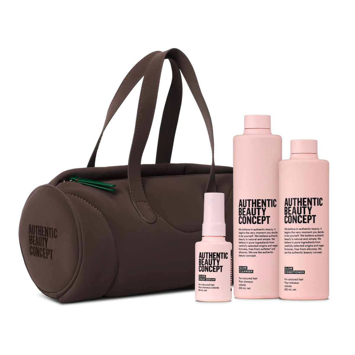 Authentic Beauty Concept Champú Pack Bolso Glow: Champú, Acondicionador, y Minitalla del Sérum de Brillo en Spray Roberta Beauty Club Tienda Online Productos de Peluqueria