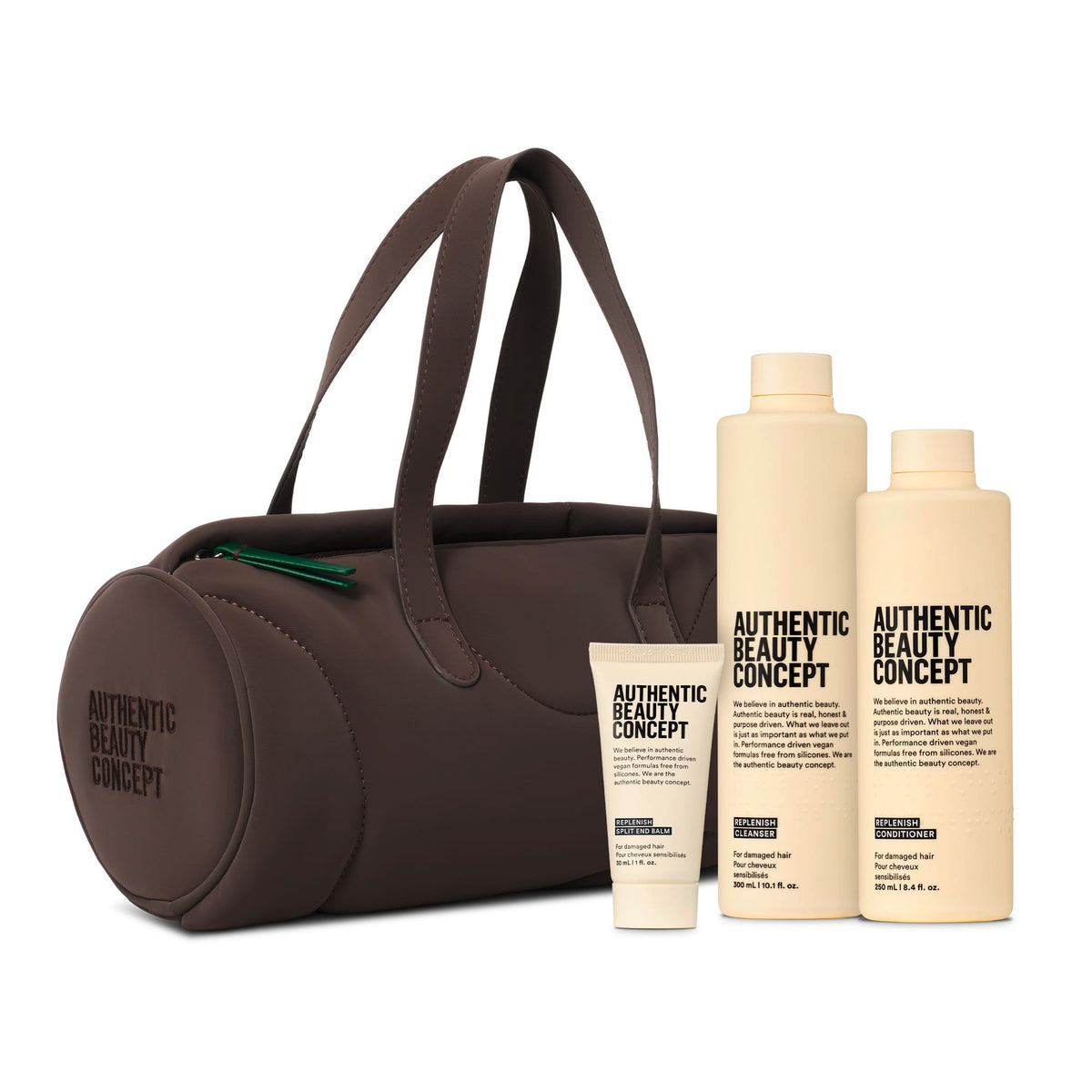 Authentic Beauty Concept Champú Pack Bolso Replenish: Champú, Acondicionador, y Minitalla Bálsamo Regenerador para Puntas Abiertas Roberta Beauty Club Tienda Online Productos de Peluqueria