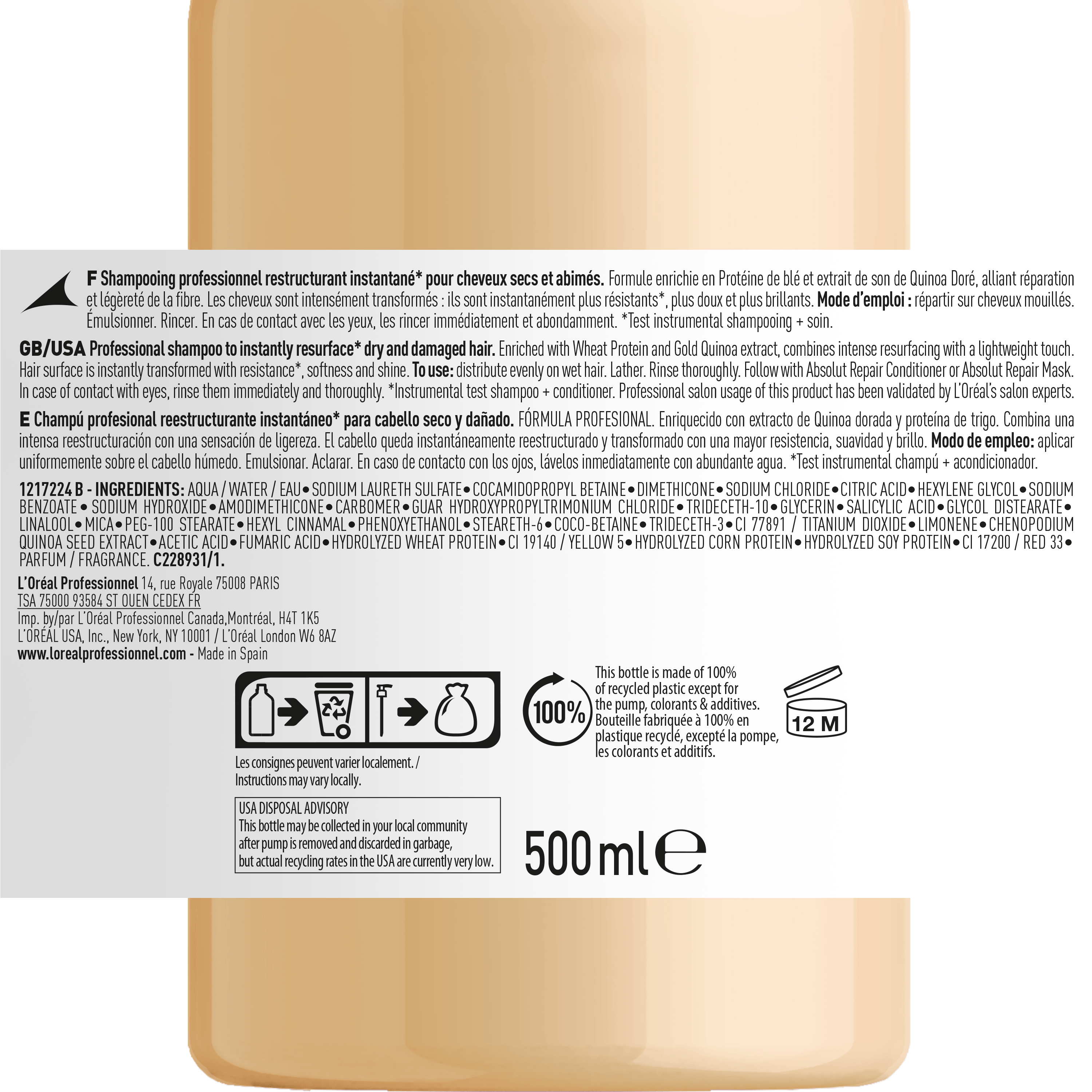 L'Oréal Professionnel Shampoo Champú Absolut Repair Gold 500ml Roberta Beauty Club